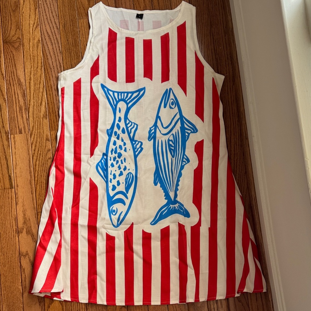 Amazon Red and White Striped Dress with Blue Fish Design